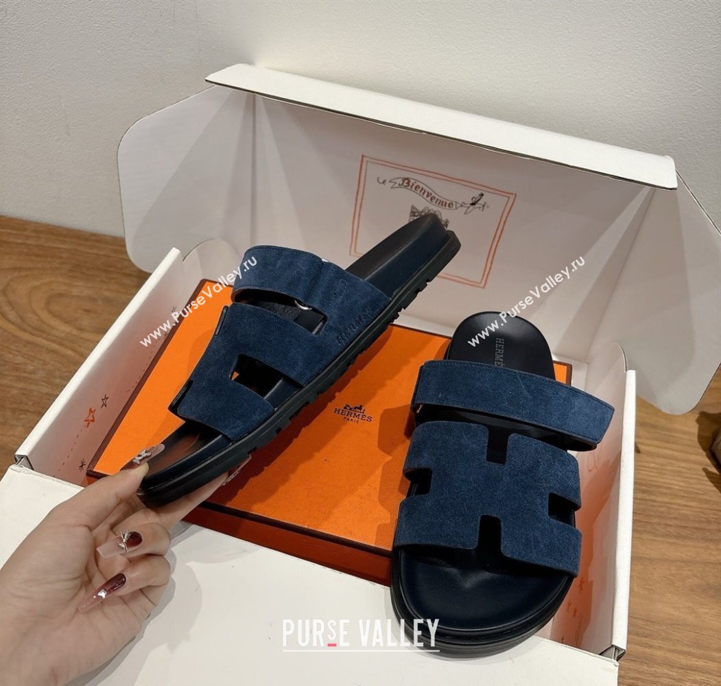 Hermes Chypre Slide Sandals in Suede Deep Blue 2025 H082008 (XC-250820082)