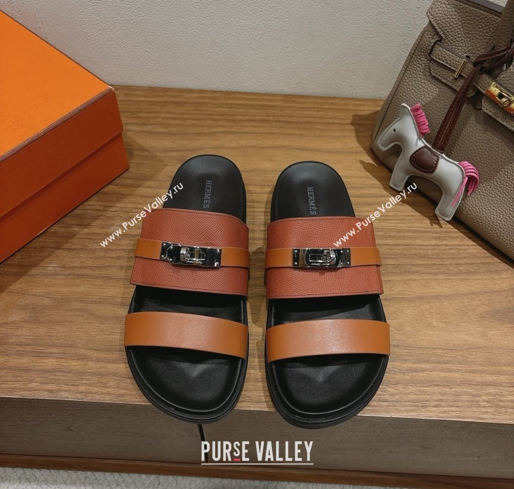 Hermes Jackson Flat Slides Sandal in Smooth and Grained Calfskin Brown 2025 H082008 (XC-250820083)