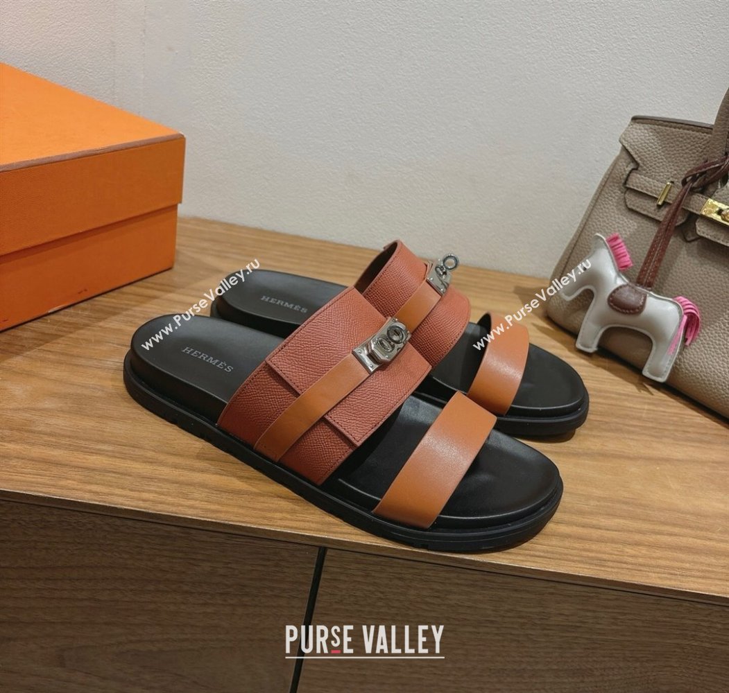 Hermes Jackson Flat Slides Sandal in Smooth and Grained Calfskin Brown 2025 H082008 (XC-250820083)