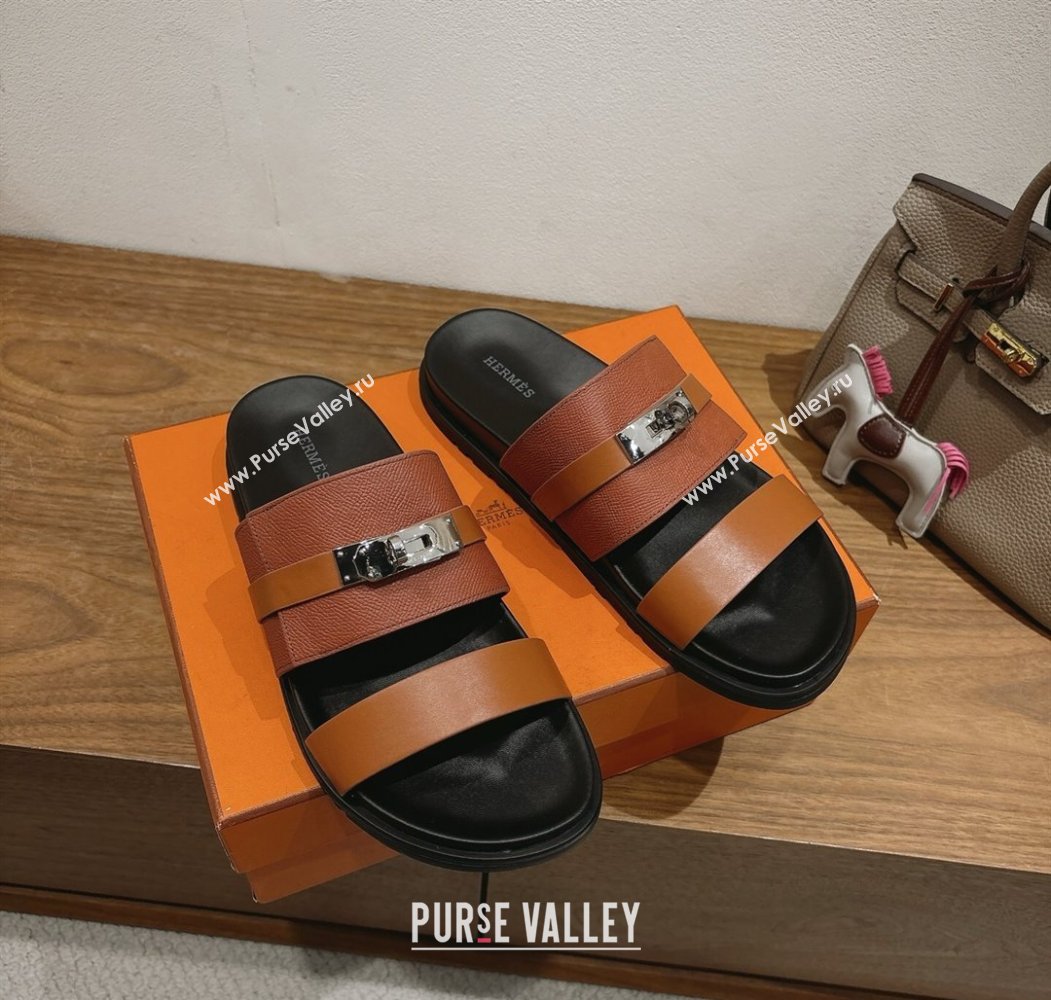 Hermes Jackson Flat Slides Sandal in Smooth and Grained Calfskin Brown 2025 H082008 (XC-250820083)