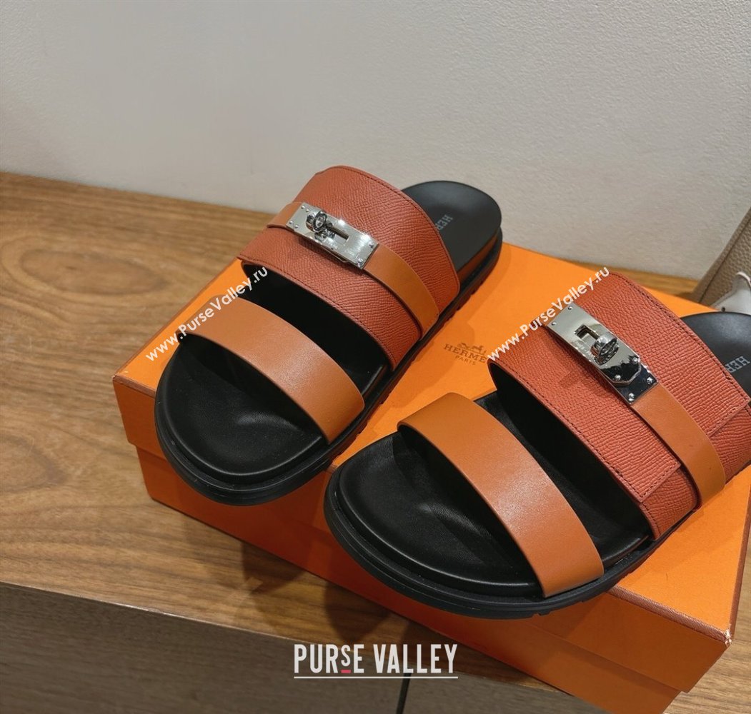 Hermes Jackson Flat Slides Sandal in Smooth and Grained Calfskin Brown 2025 H082008 (XC-250820083)