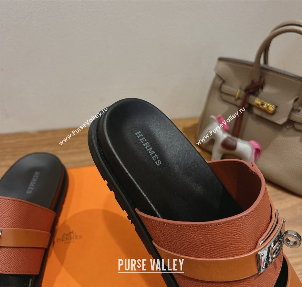 Hermes Jackson Flat Slides Sandal in Smooth and Grained Calfskin Brown 2025 H082008 (XC-250820083)