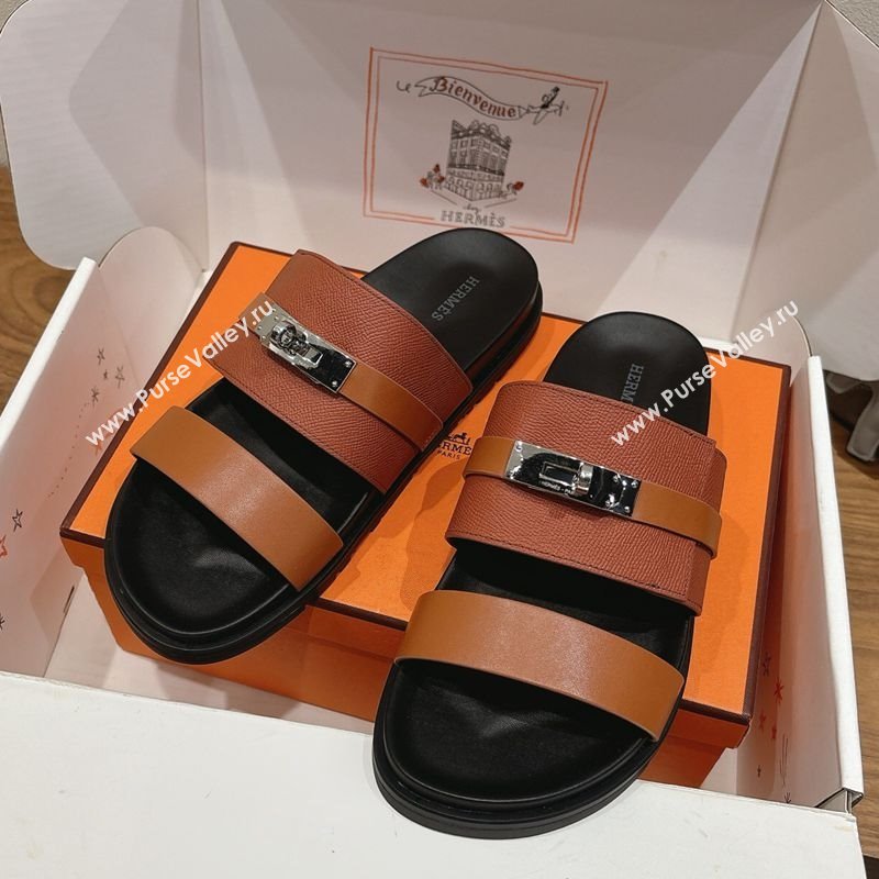 Hermes Jackson Flat Slides Sandal in Smooth and Grained Calfskin Brown 2025 H082008 (XC-250820083)
