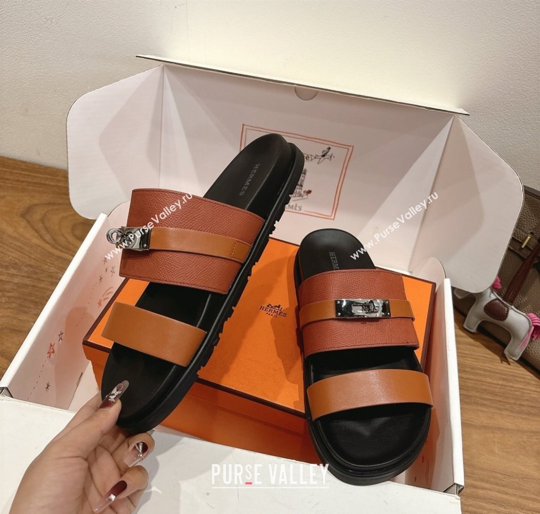 Hermes Jackson Flat Slides Sandal in Smooth and Grained Calfskin Brown 2025 H082008 (XC-250820083)