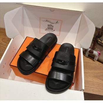 Hermes Jackson Flat Slides Sandal in Smooth and Grained Calfskin Black 2025 H082008 (XC-250820085)