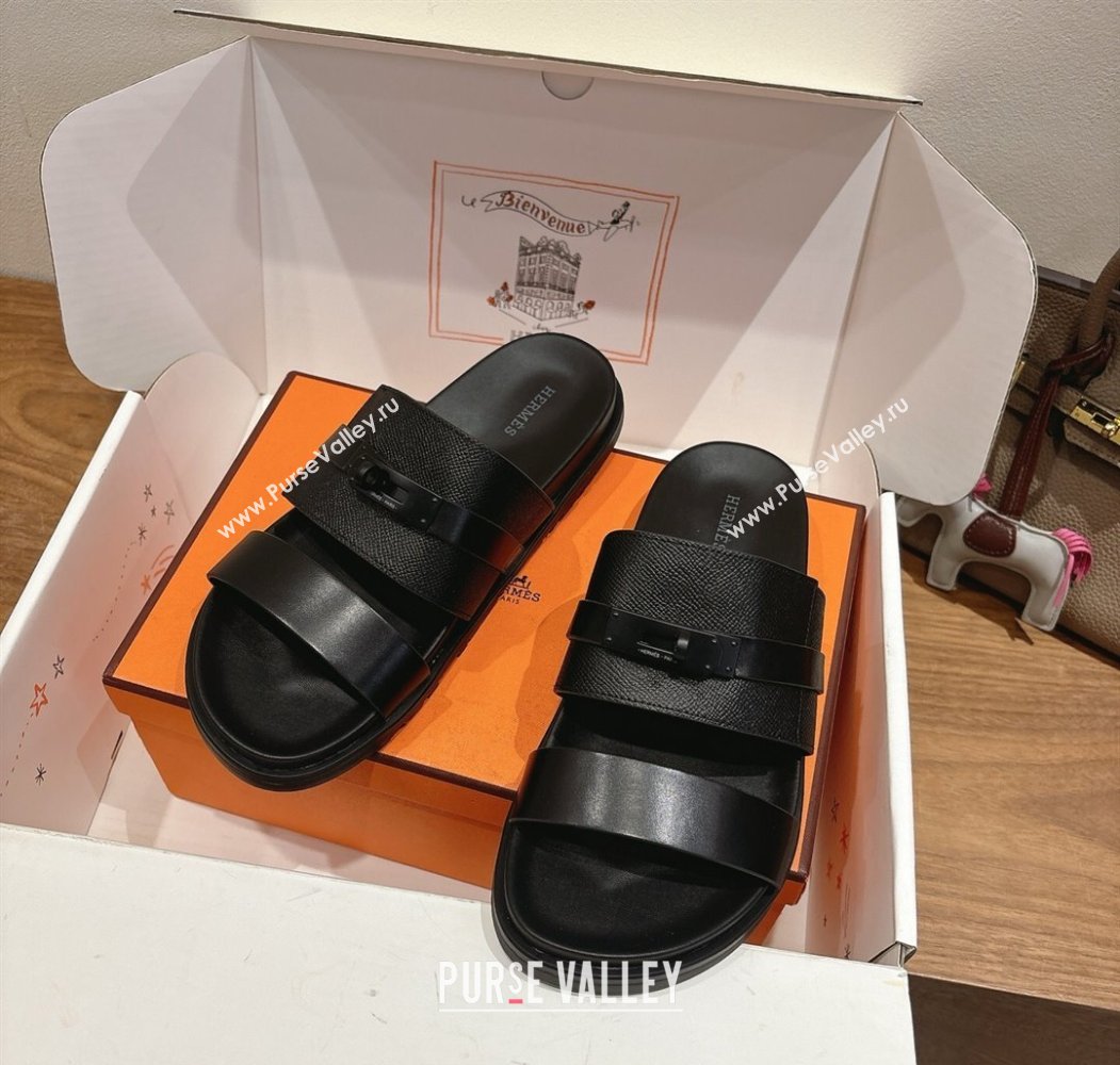 Hermes Jackson Flat Slides Sandal in Smooth and Grained Calfskin Black 2025 H082008 (XC-250820085)