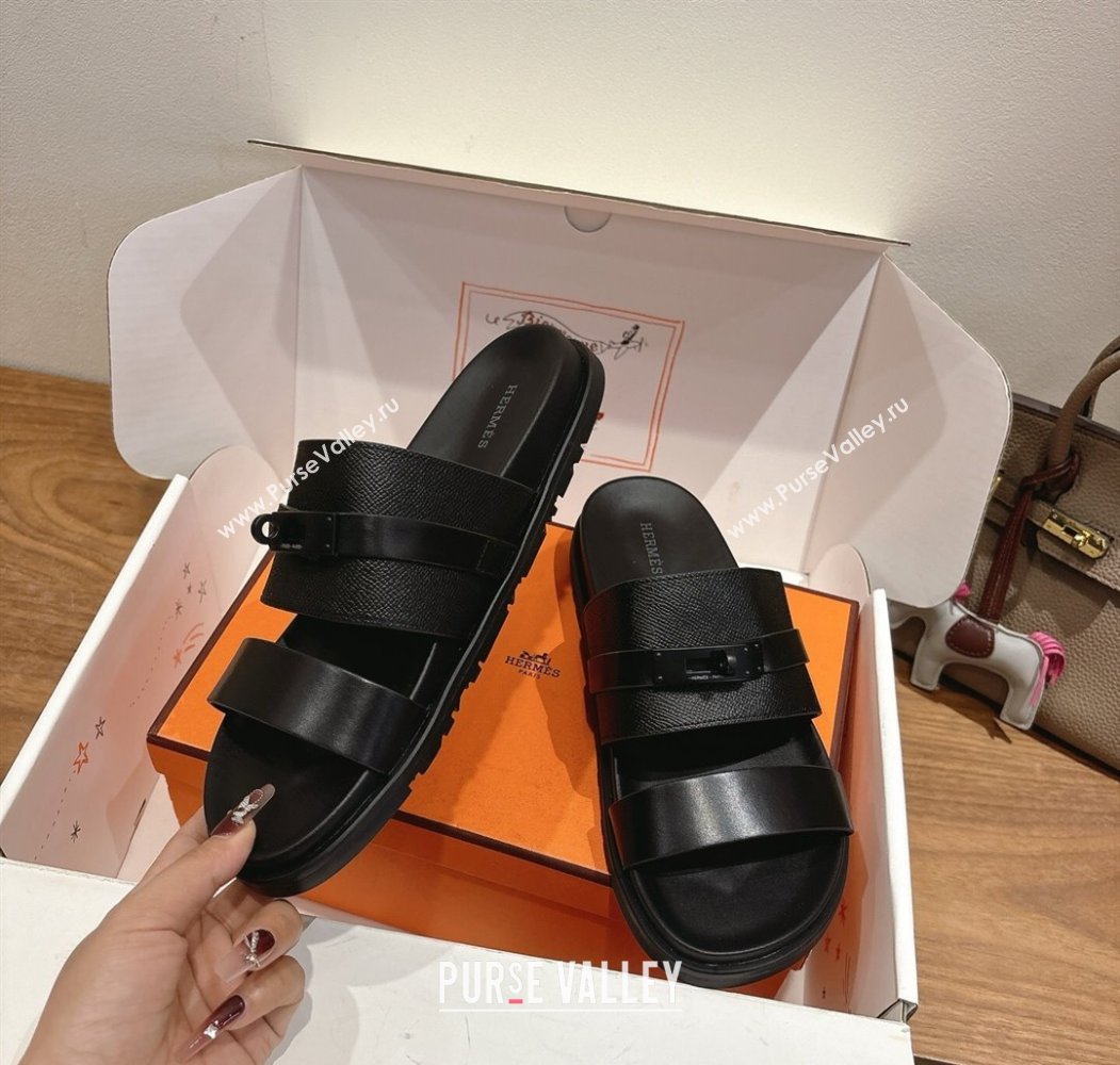 Hermes Jackson Flat Slides Sandal in Smooth and Grained Calfskin Black 2025 H082008 (XC-250820085)