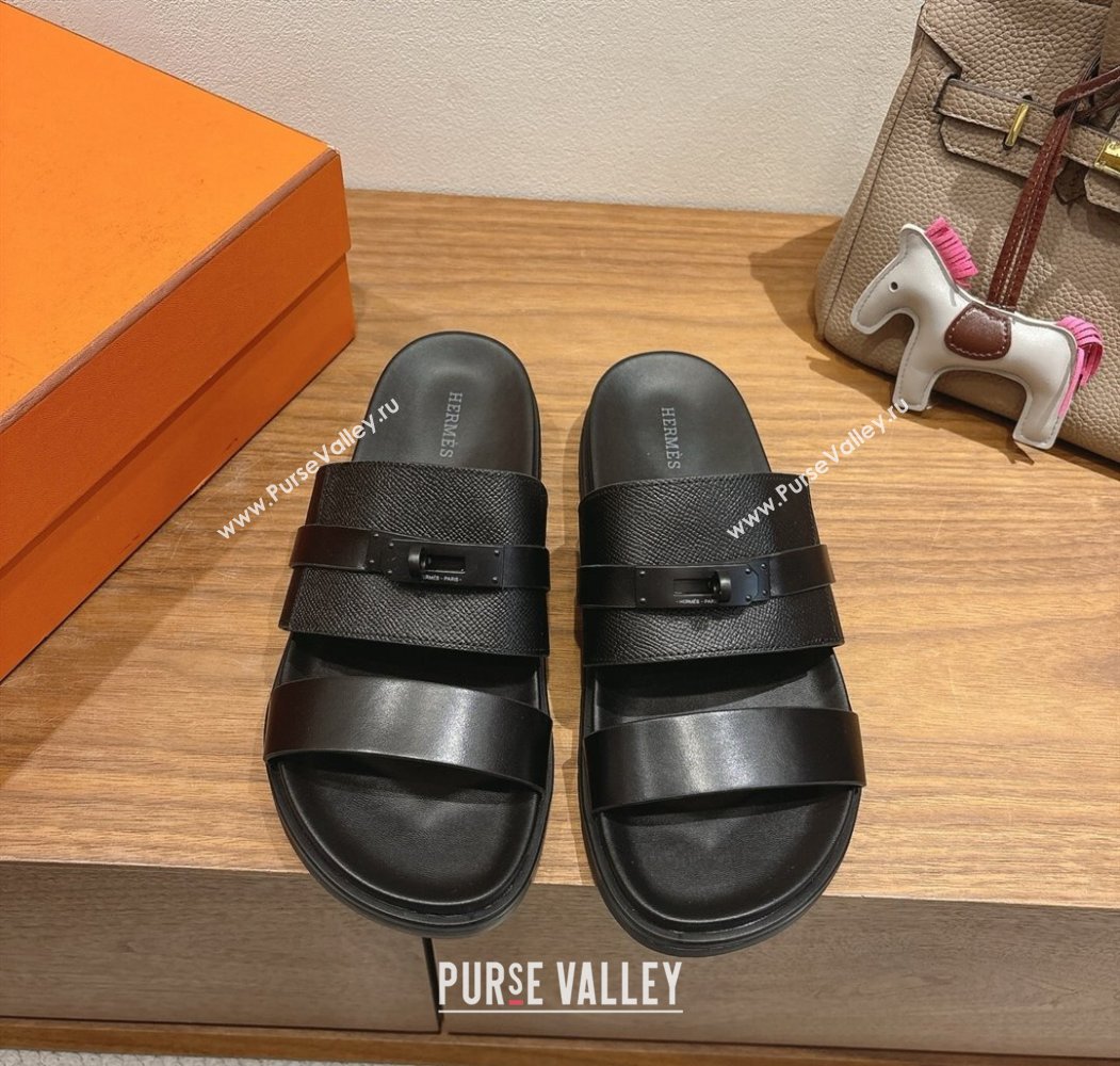 Hermes Jackson Flat Slides Sandal in Smooth and Grained Calfskin Black 2025 H082008 (XC-250820085)