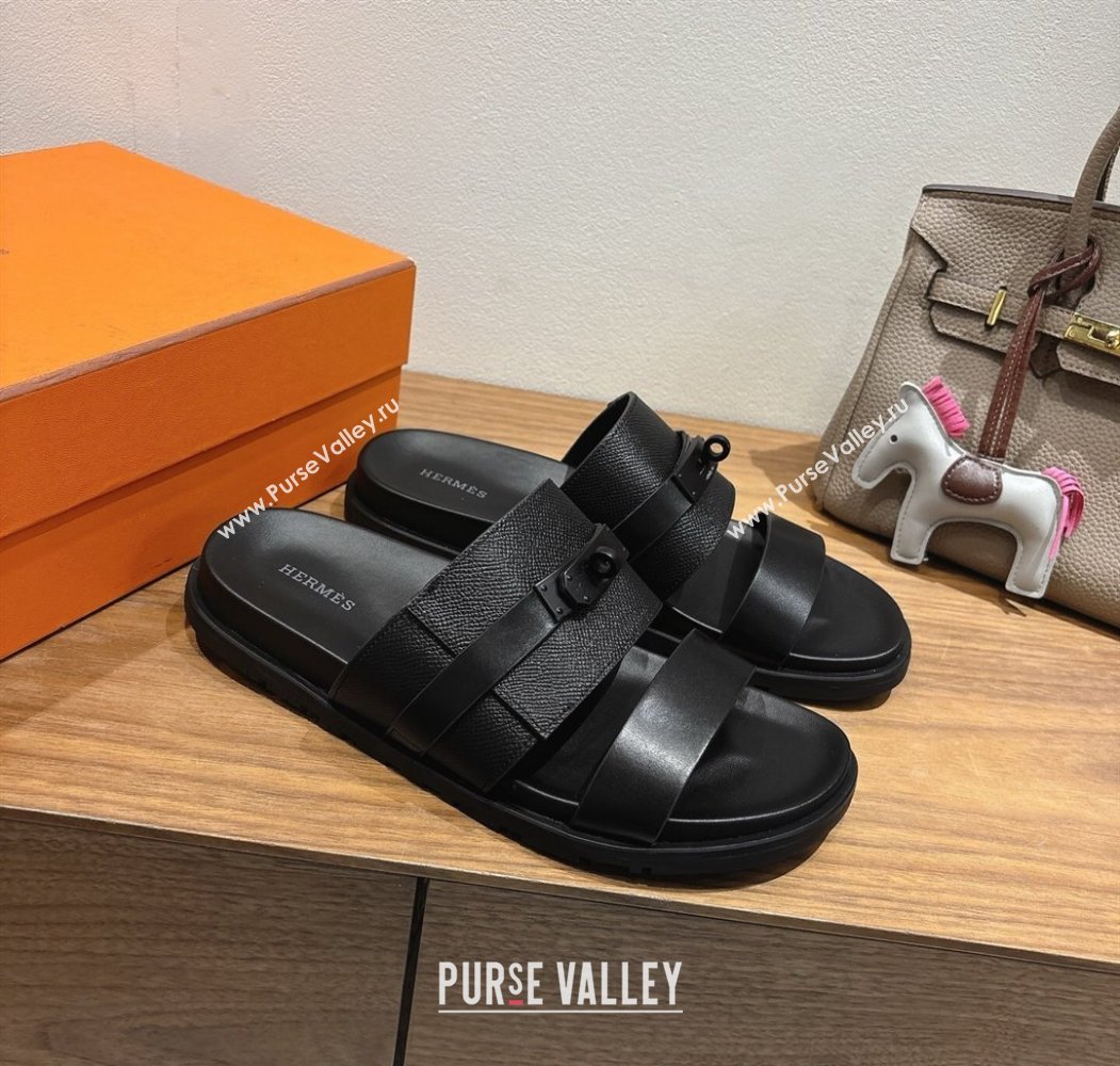 Hermes Jackson Flat Slides Sandal in Smooth and Grained Calfskin Black 2025 H082008 (XC-250820085)
