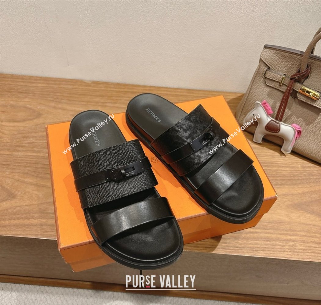 Hermes Jackson Flat Slides Sandal in Smooth and Grained Calfskin Black 2025 H082008 (XC-250820085)