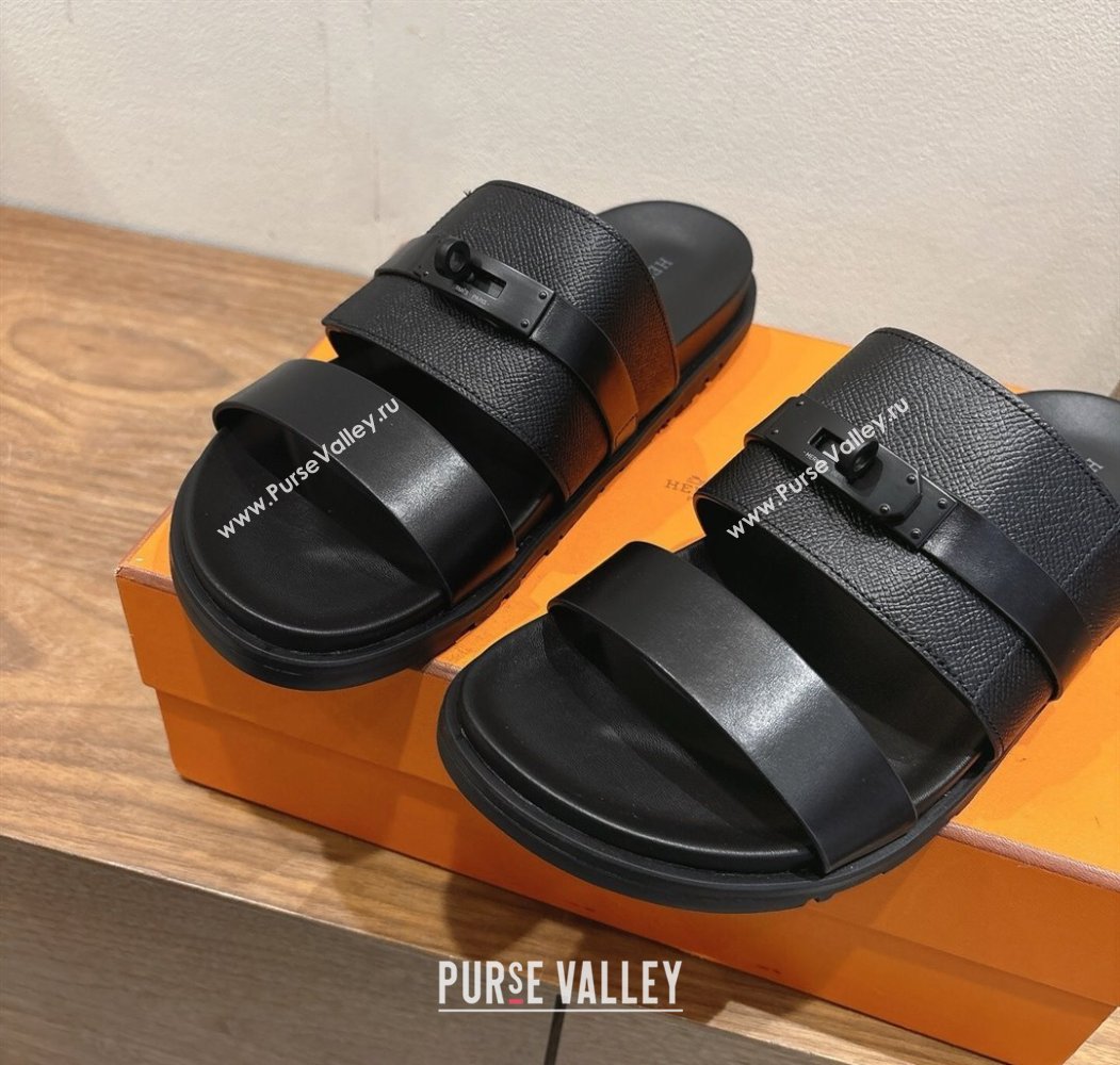 Hermes Jackson Flat Slides Sandal in Smooth and Grained Calfskin Black 2025 H082008 (XC-250820085)
