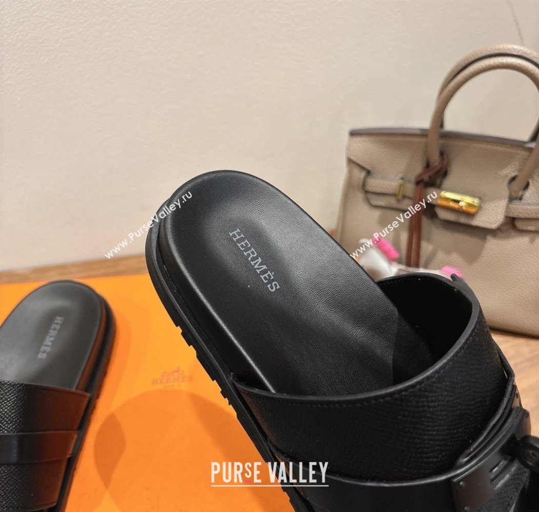 Hermes Jackson Flat Slides Sandal in Smooth and Grained Calfskin Black 2025 H082008 (XC-250820085)