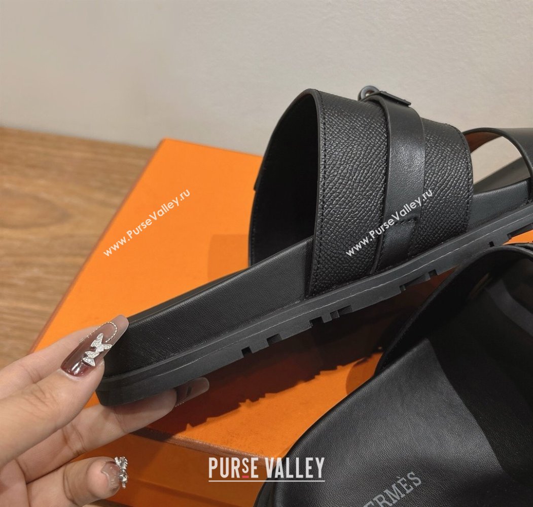 Hermes Jackson Flat Slides Sandal in Smooth and Grained Calfskin Black 2025 H082008 (XC-250820085)