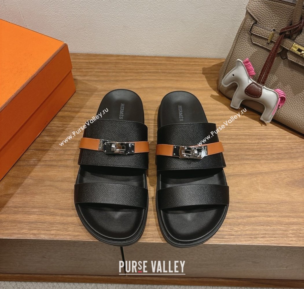 Hermes Jackson Flat Slides Sandal in Grained Calfskin Black/Brown 2025 H082008 (XC-250820086)