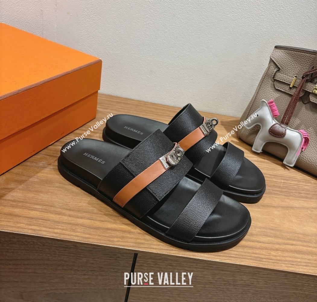 Hermes Jackson Flat Slides Sandal in Grained Calfskin Black/Brown 2025 H082008 (XC-250820086)