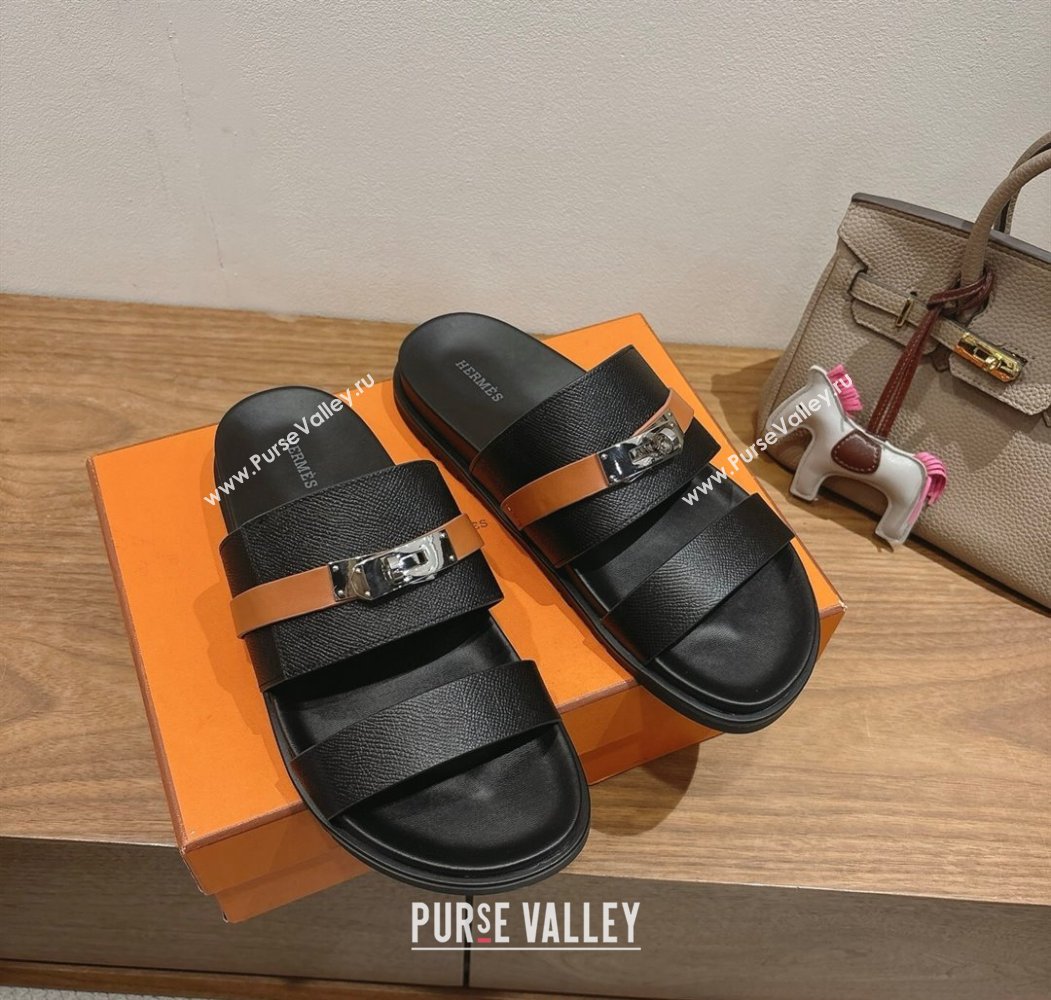 Hermes Jackson Flat Slides Sandal in Grained Calfskin Black/Brown 2025 H082008 (XC-250820086)