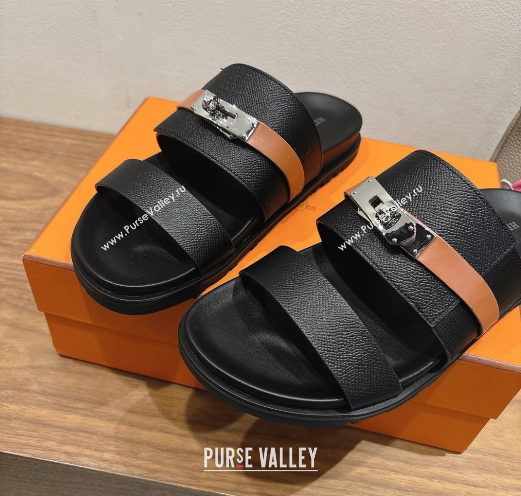 Hermes Jackson Flat Slides Sandal in Grained Calfskin Black/Brown 2025 H082008 (XC-250820086)