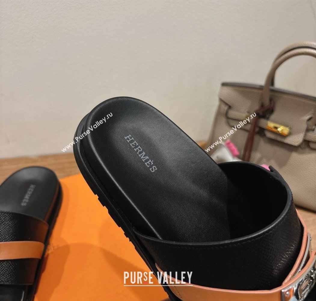 Hermes Jackson Flat Slides Sandal in Grained Calfskin Black/Brown 2025 H082008 (XC-250820086)