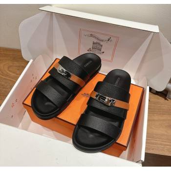 Hermes Jackson Flat Slides Sandal in Grained Calfskin Black/Brown 2025 H082008 (XC-250820086)