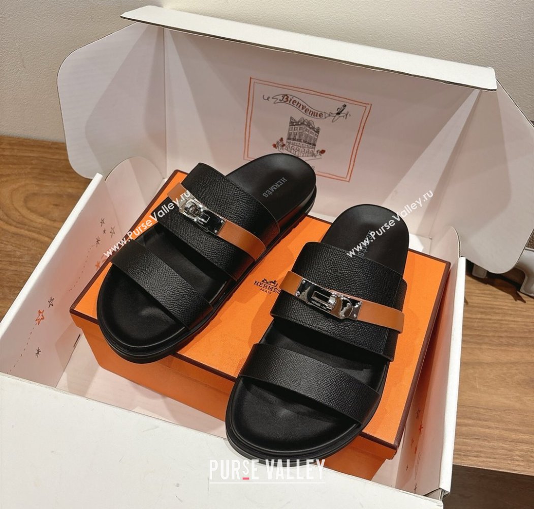 Hermes Jackson Flat Slides Sandal in Grained Calfskin Black/Brown 2025 H082008 (XC-250820086)