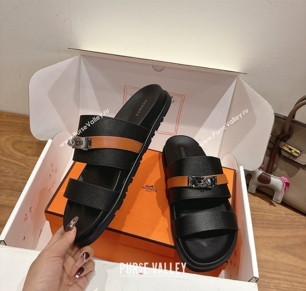 Hermes Jackson Flat Slides Sandal in Grained Calfskin Black/Brown 2025 H082008 (XC-250820086)