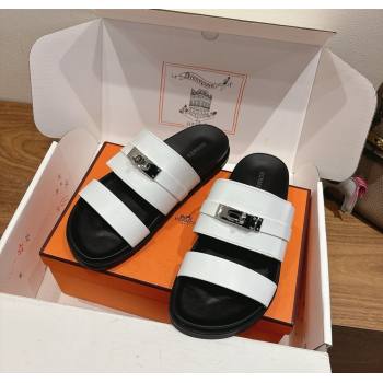 Hermes Jackson Flat Slides Sandal in Smooth Calfskin White/Black 2025 H082008 (XC-250820084)