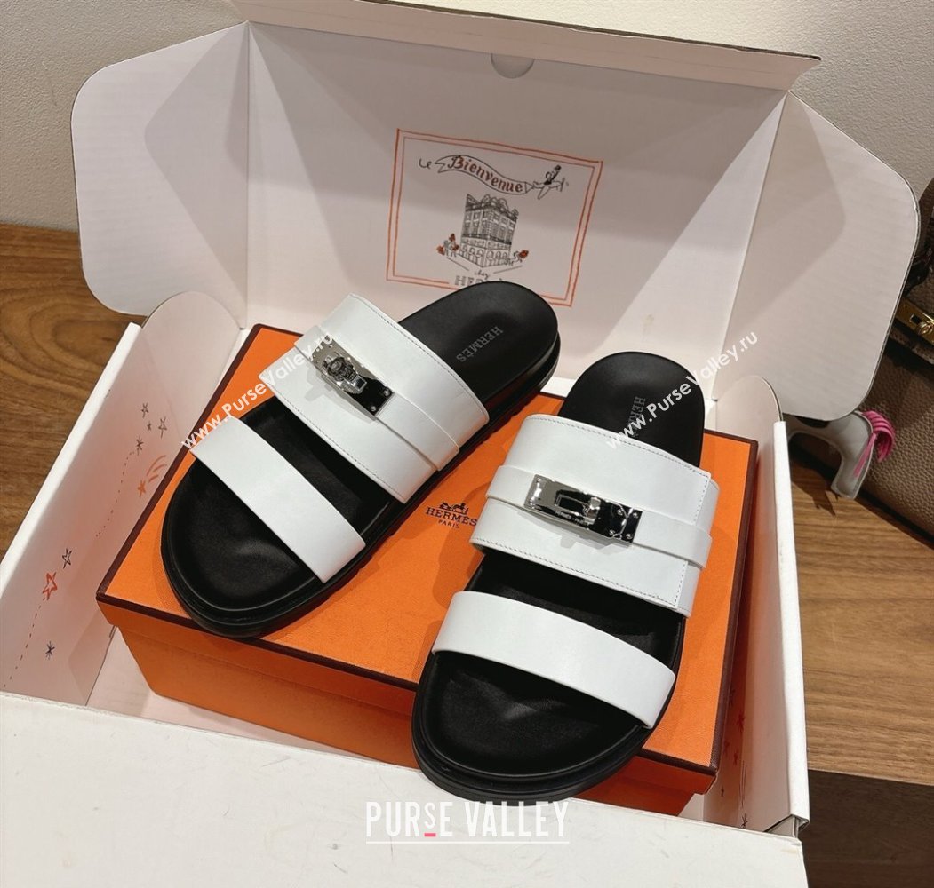 Hermes Jackson Flat Slides Sandal in Smooth Calfskin White/Black 2025 H082008 (XC-250820084)