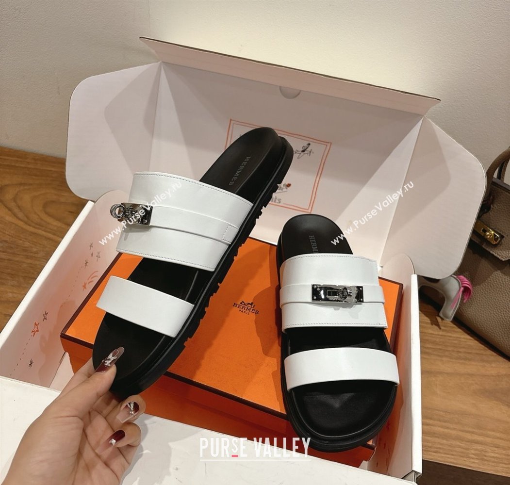 Hermes Jackson Flat Slides Sandal in Smooth Calfskin White/Black 2025 H082008 (XC-250820084)