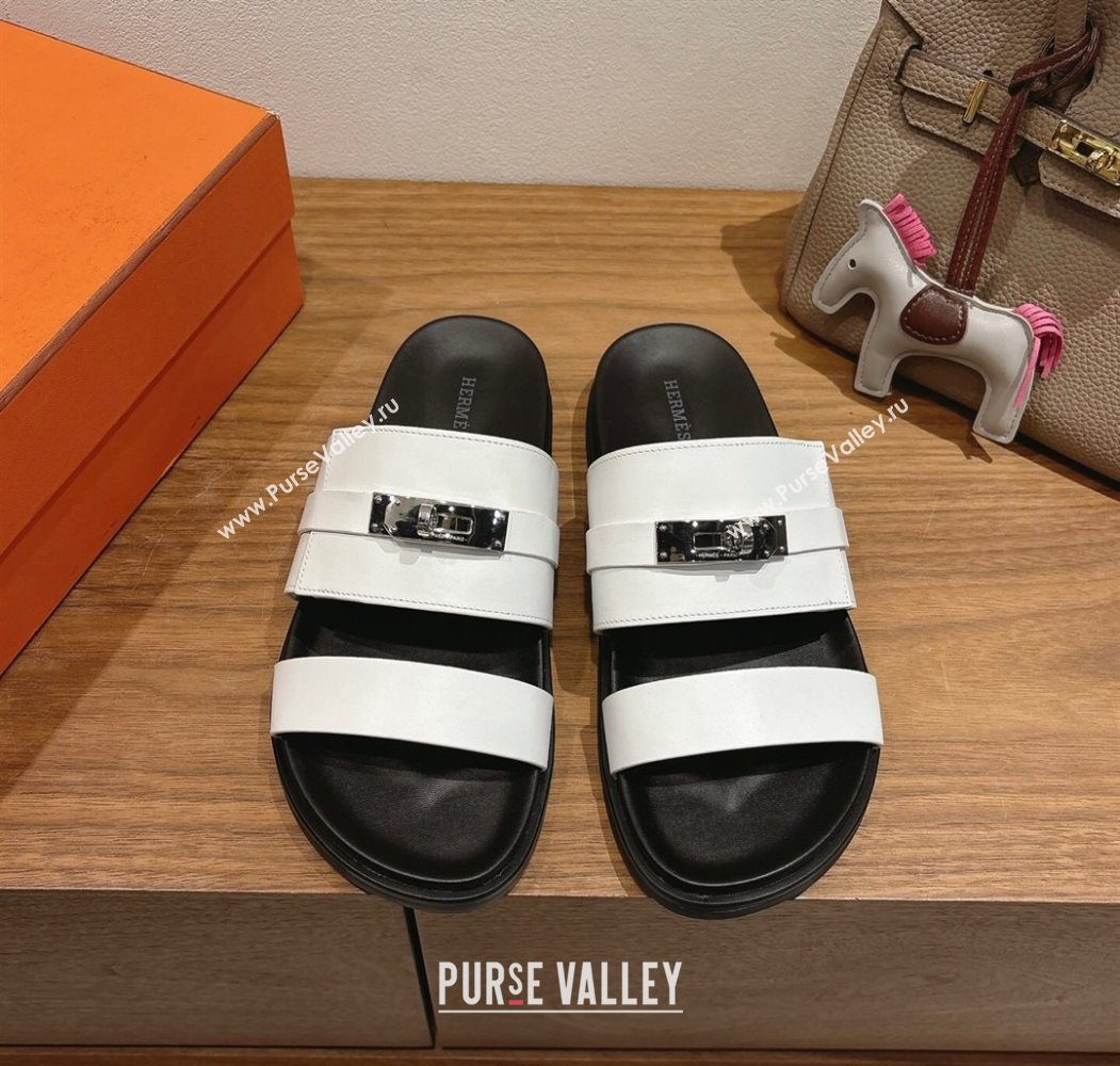 Hermes Jackson Flat Slides Sandal in Smooth Calfskin White/Black 2025 H082008 (XC-250820084)