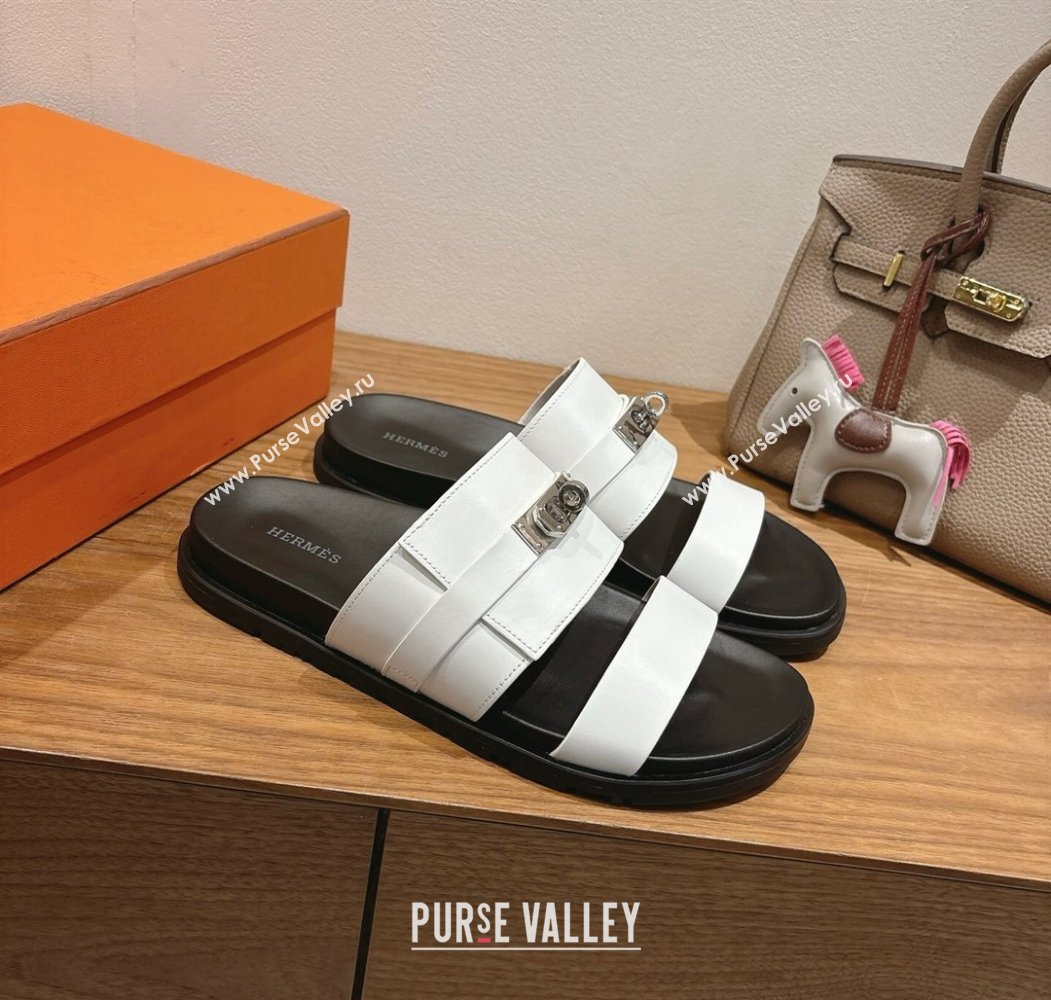 Hermes Jackson Flat Slides Sandal in Smooth Calfskin White/Black 2025 H082008 (XC-250820084)
