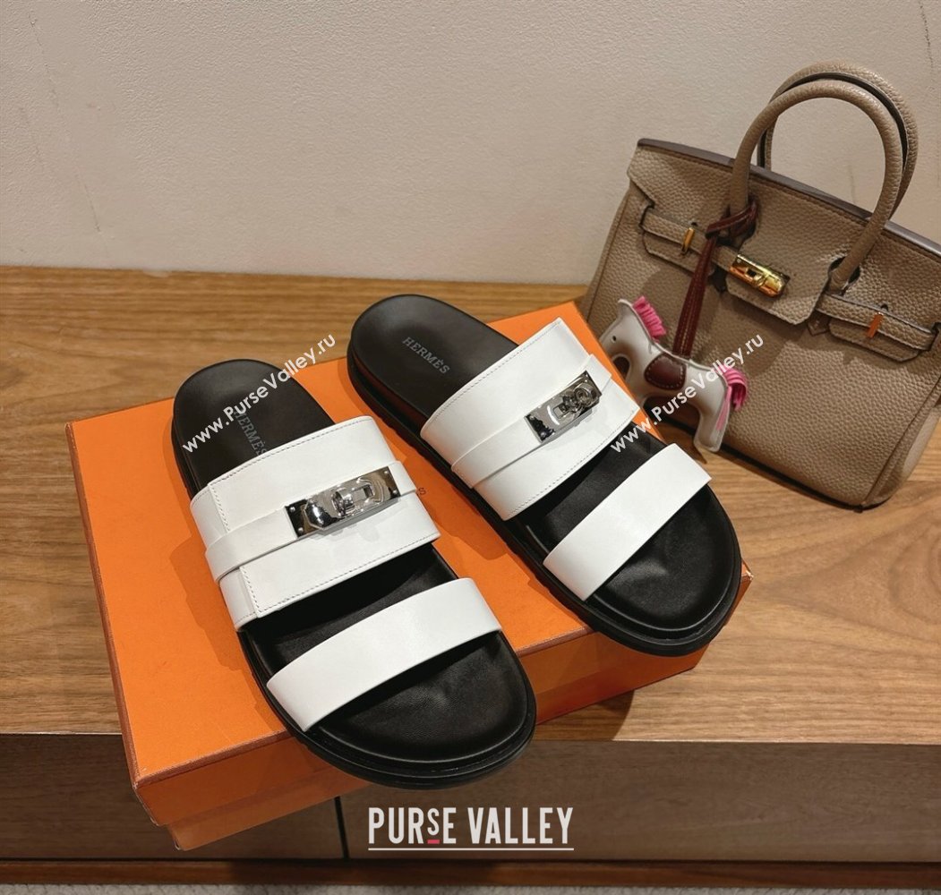 Hermes Jackson Flat Slides Sandal in Smooth Calfskin White/Black 2025 H082008 (XC-250820084)