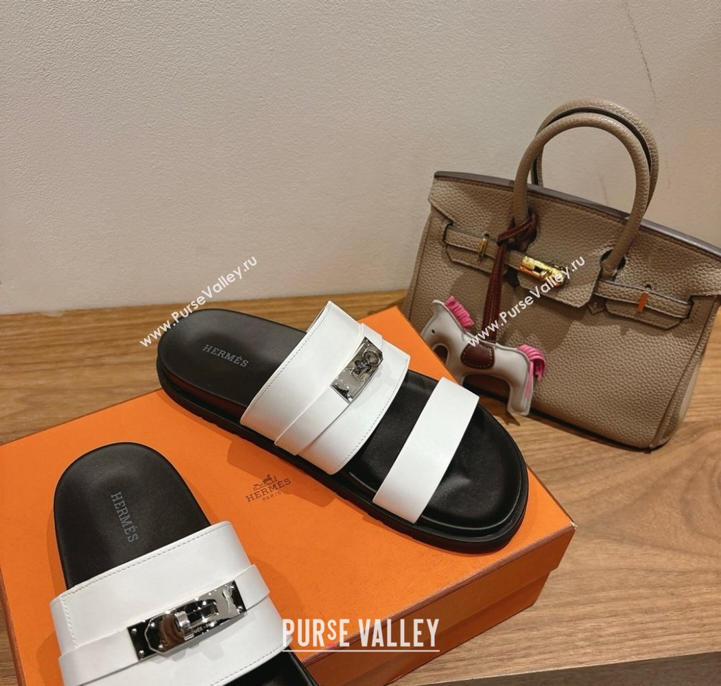 Hermes Jackson Flat Slides Sandal in Smooth Calfskin White/Black 2025 H082008 (XC-250820084)