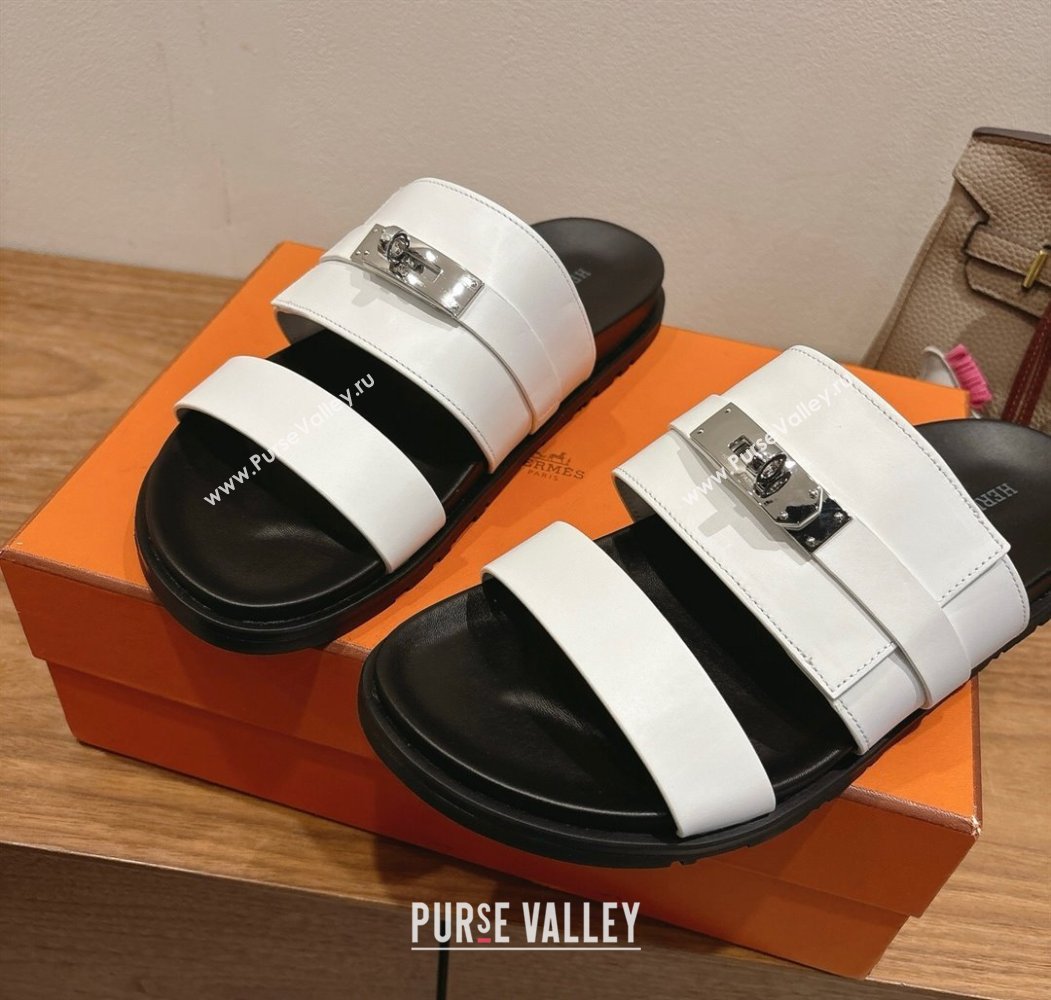 Hermes Jackson Flat Slides Sandal in Smooth Calfskin White/Black 2025 H082008 (XC-250820084)
