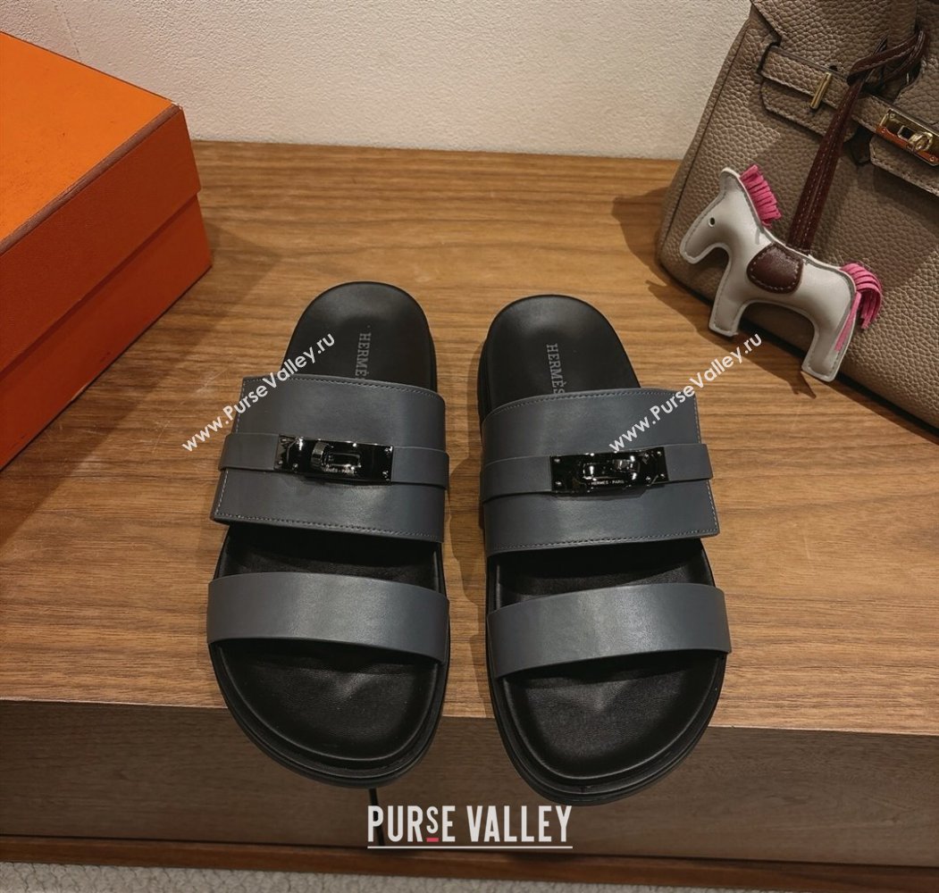 Hermes Jackson Flat Slides Sandal in Smooth Calfskin Dark Grey 2025 H082008 (XC-250820087)