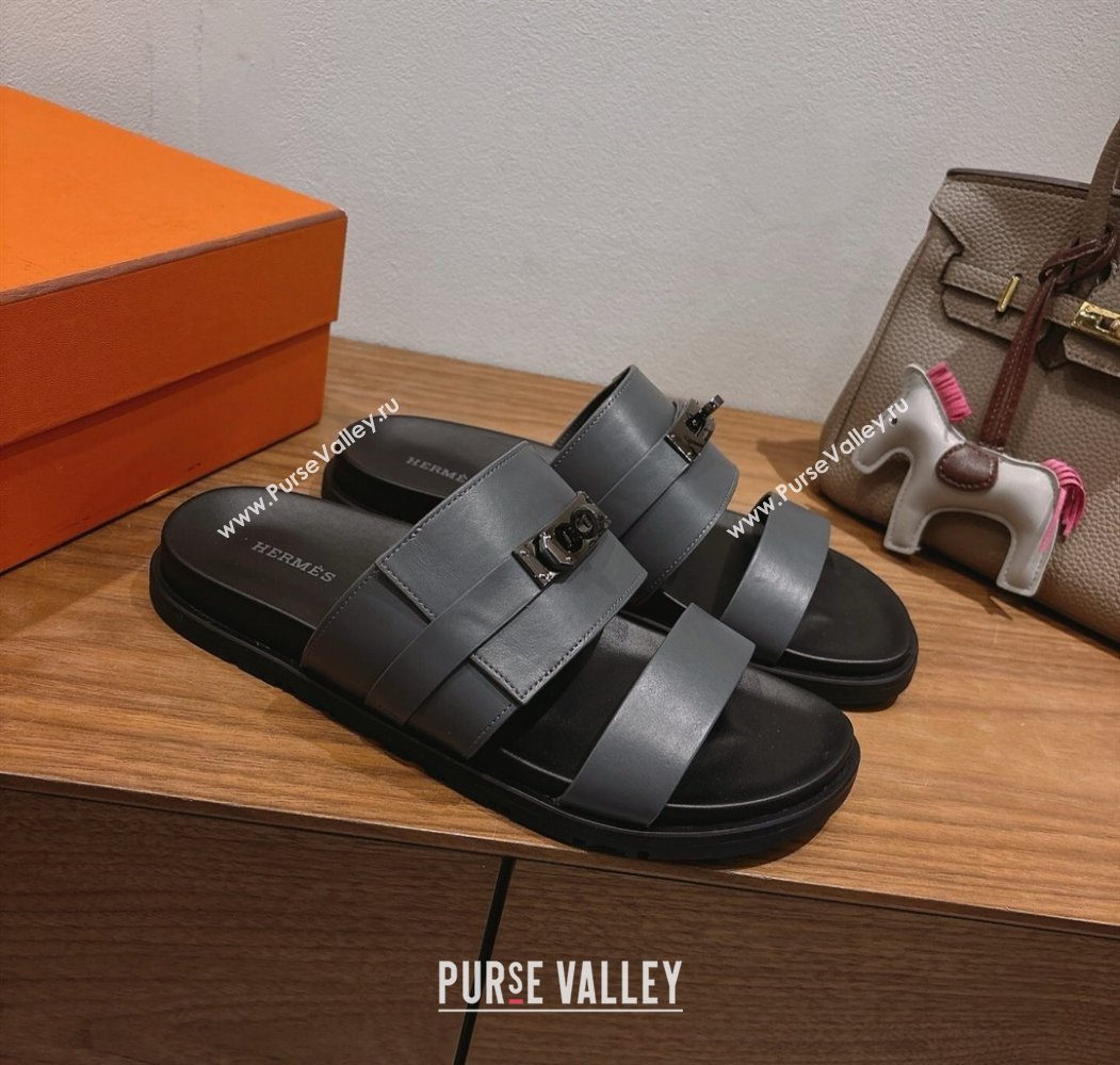 Hermes Jackson Flat Slides Sandal in Smooth Calfskin Dark Grey 2025 H082008 (XC-250820087)