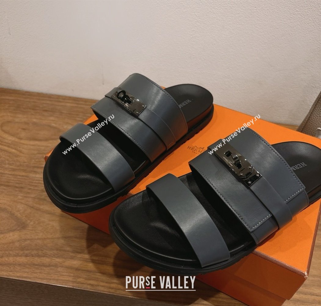 Hermes Jackson Flat Slides Sandal in Smooth Calfskin Dark Grey 2025 H082008 (XC-250820087)