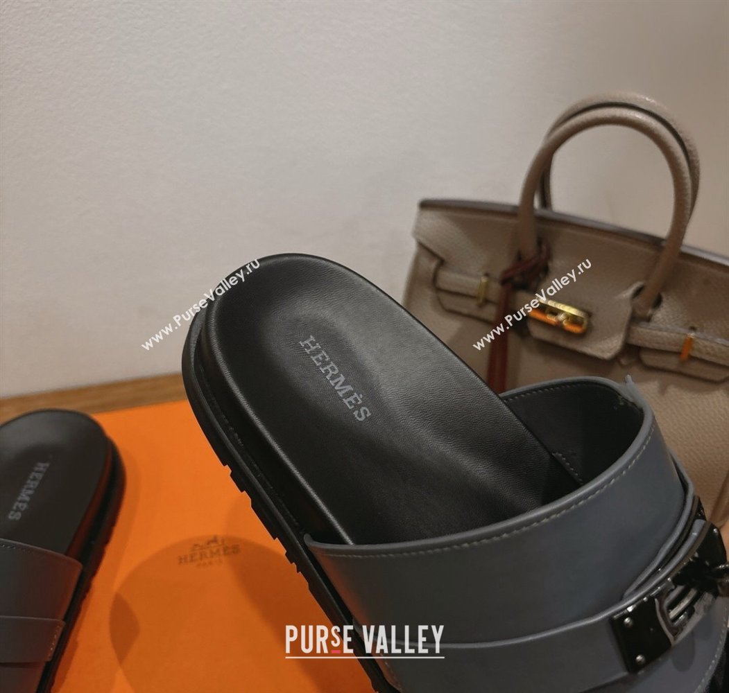 Hermes Jackson Flat Slides Sandal in Smooth Calfskin Dark Grey 2025 H082008 (XC-250820087)