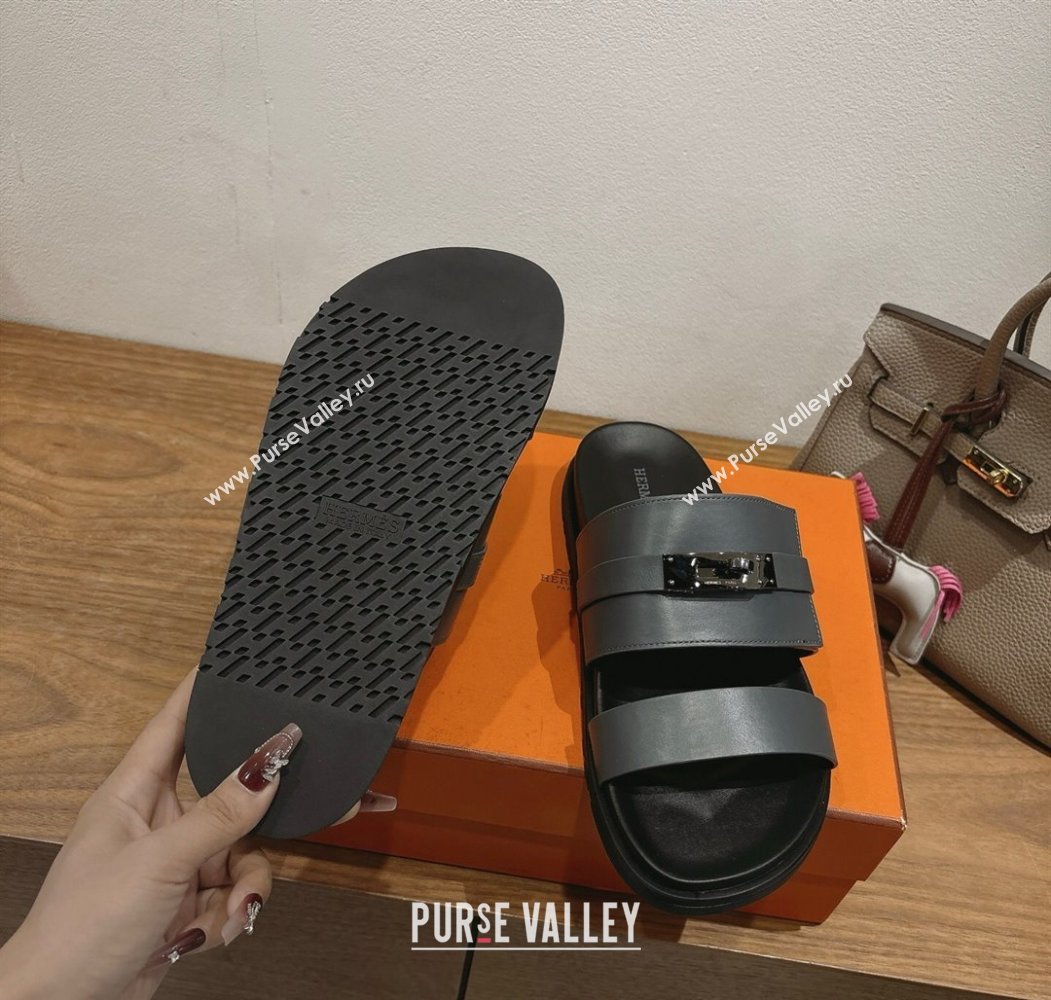 Hermes Jackson Flat Slides Sandal in Smooth Calfskin Dark Grey 2025 H082008 (XC-250820087)