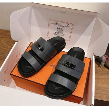 Hermes Jackson Flat Slides Sandal in Smooth Calfskin Dark Grey 2025 H082008 (XC-250820087)