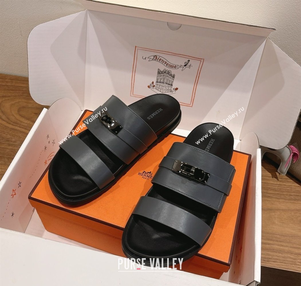 Hermes Jackson Flat Slides Sandal in Smooth Calfskin Dark Grey 2025 H082008 (XC-250820087)