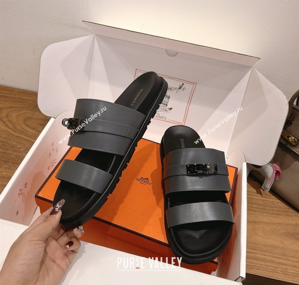 Hermes Jackson Flat Slides Sandal in Smooth Calfskin Dark Grey 2025 H082008 (XC-250820087)