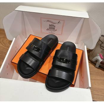 Hermes Jackson Flat Slides Sandal in Smooth Calfskin All Black 2025 H082008 (XC-250820088)