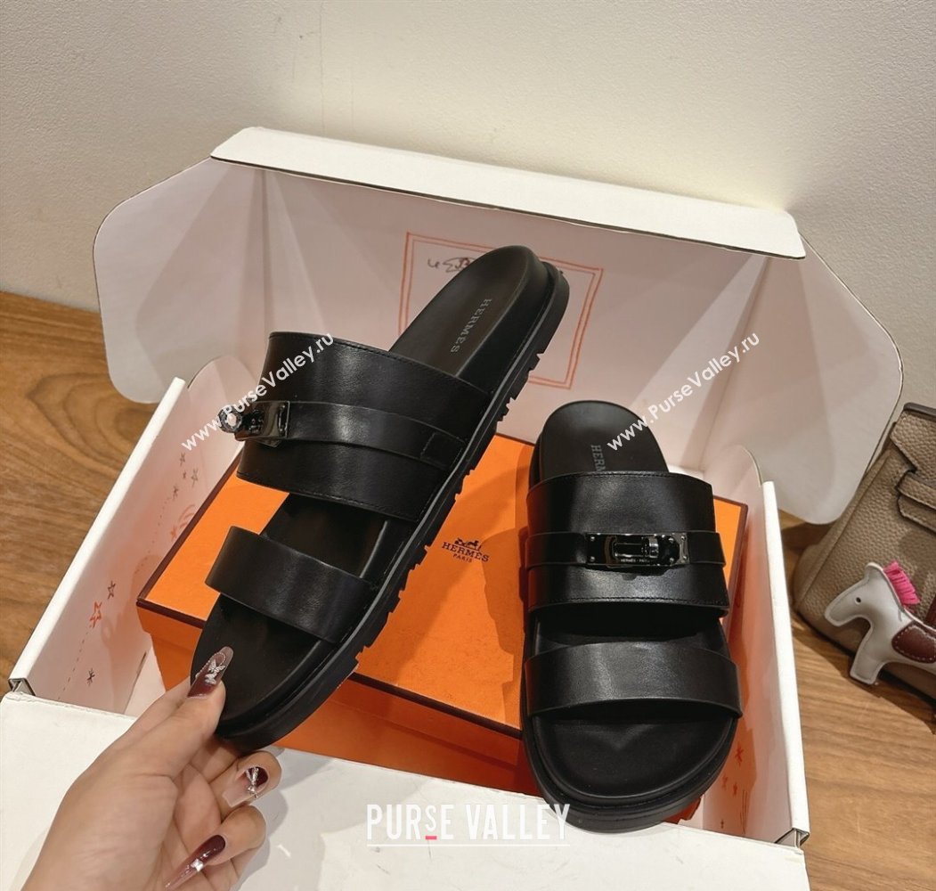 Hermes Jackson Flat Slides Sandal in Smooth Calfskin All Black 2025 H082008 (XC-250820088)