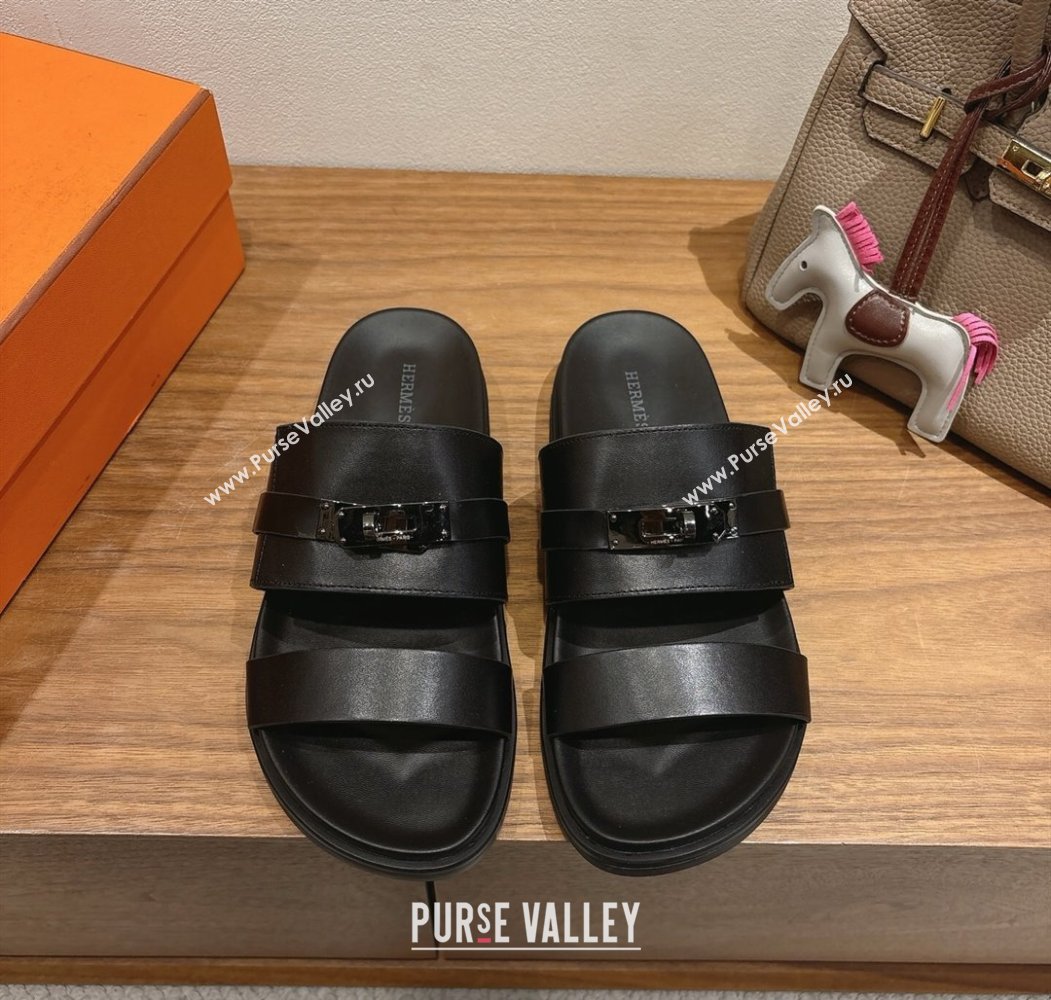 Hermes Jackson Flat Slides Sandal in Smooth Calfskin All Black 2025 H082008 (XC-250820088)
