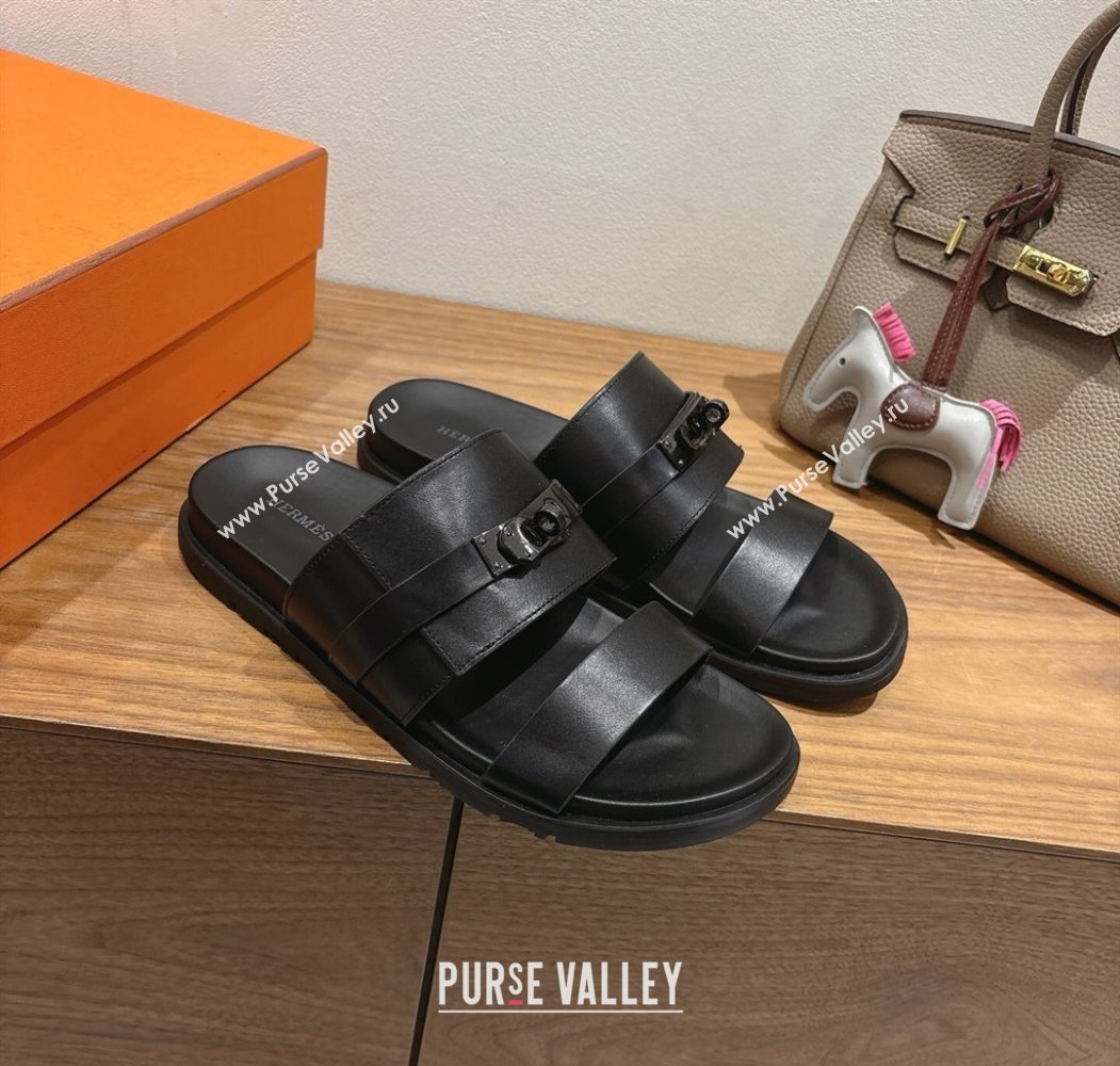Hermes Jackson Flat Slides Sandal in Smooth Calfskin All Black 2025 H082008 (XC-250820088)