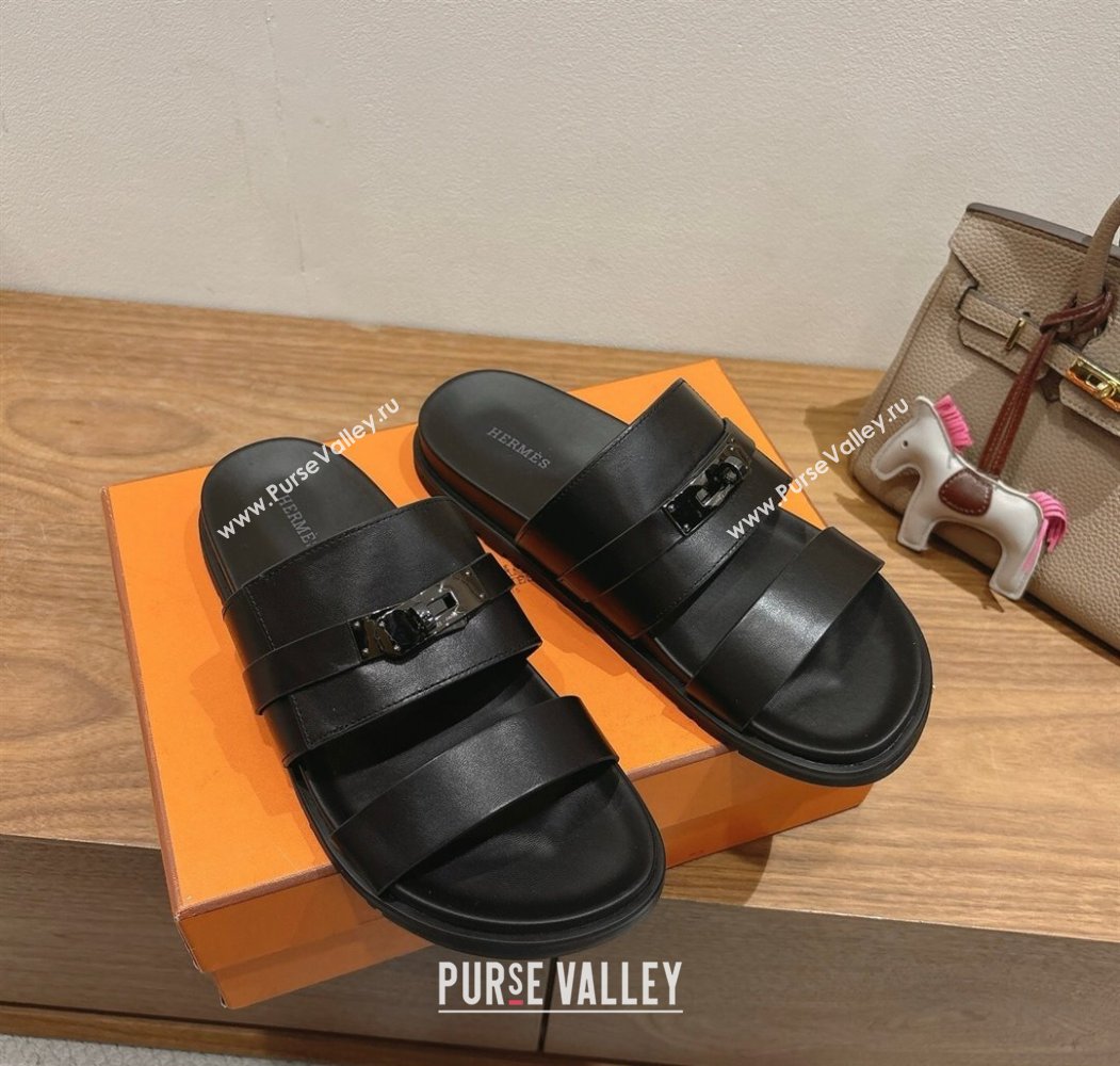 Hermes Jackson Flat Slides Sandal in Smooth Calfskin All Black 2025 H082008 (XC-250820088)
