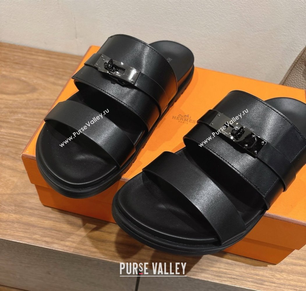 Hermes Jackson Flat Slides Sandal in Smooth Calfskin All Black 2025 H082008 (XC-250820088)