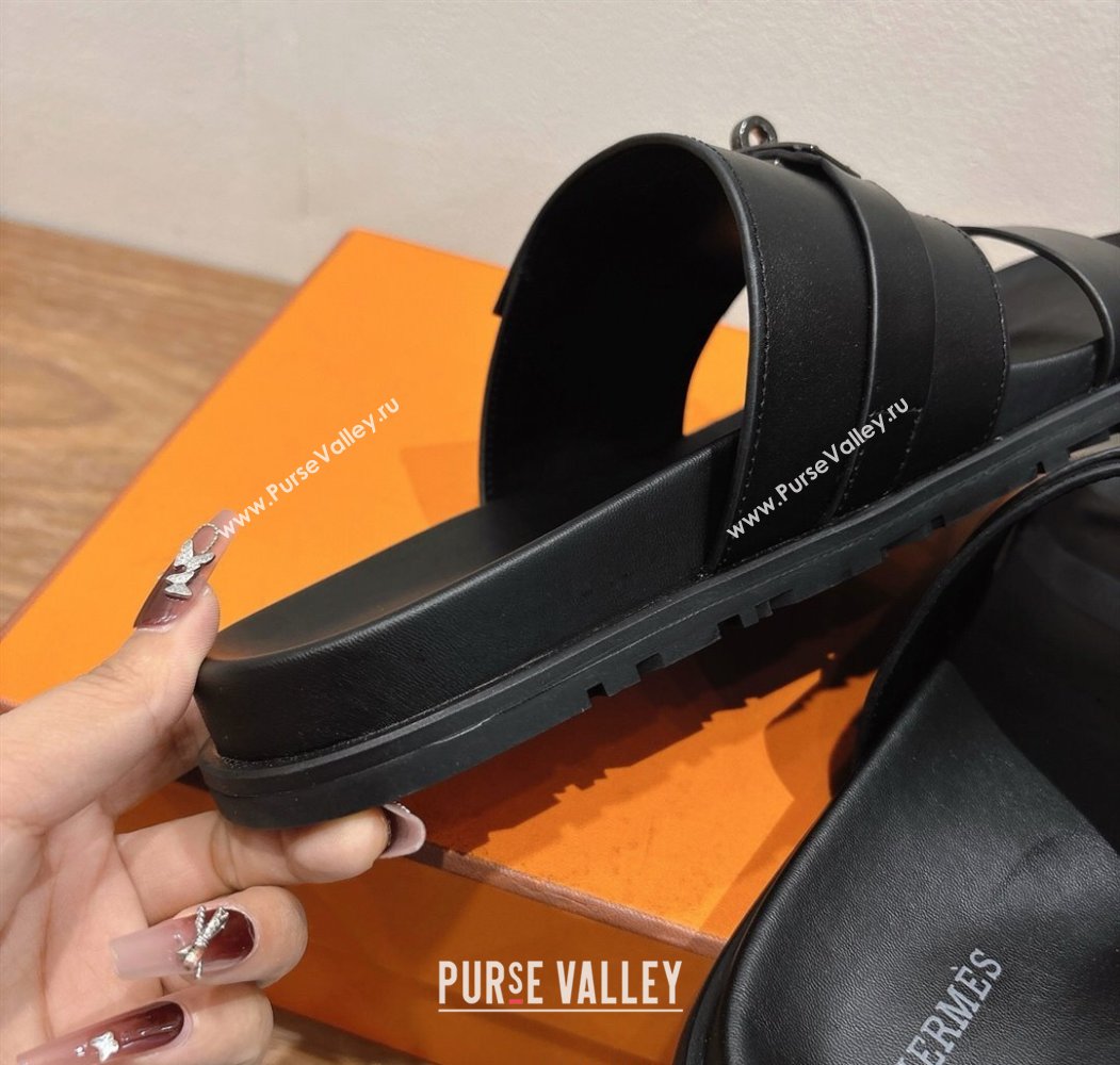 Hermes Jackson Flat Slides Sandal in Smooth Calfskin All Black 2025 H082008 (XC-250820088)