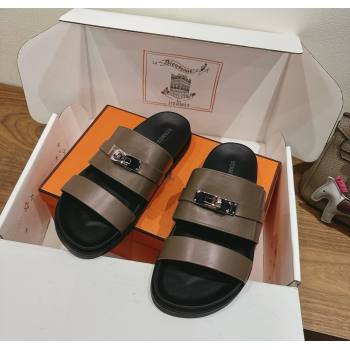 Hermes Jackson Flat Slides Sandal in Smooth Calfskin Khaki 2025 H082008 (XC-250820089)