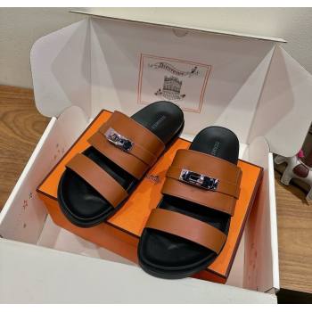 Hermes Jackson Flat Slides Sandal in Calfskin Leather Brown 2025 H082008 (XC-250820090)